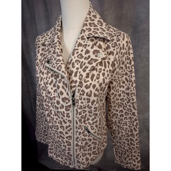 Adyson Parker Leopard Moto Jacket Size M Beige Tan Blush Silver Zipper Tailored - Picture 3 of 13